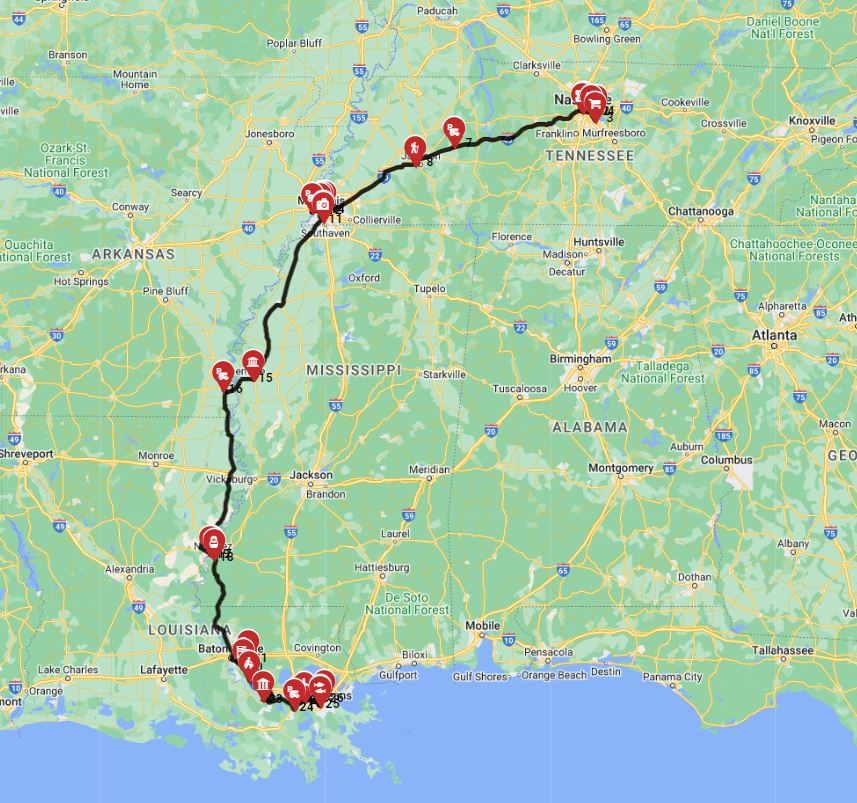 The  Blues RV trip the Highway from Nashville to New Orleans